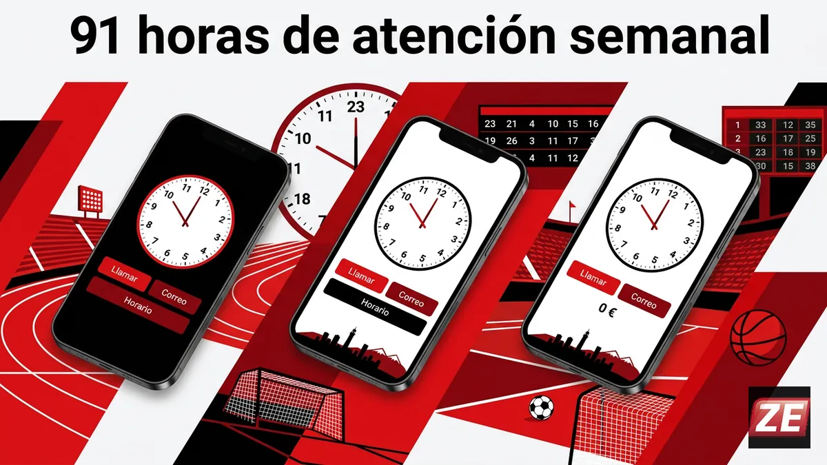 Mockups de teléfono y correo de ZEbet con un reloj que muestra el horario de 10h a 23h, siete días
