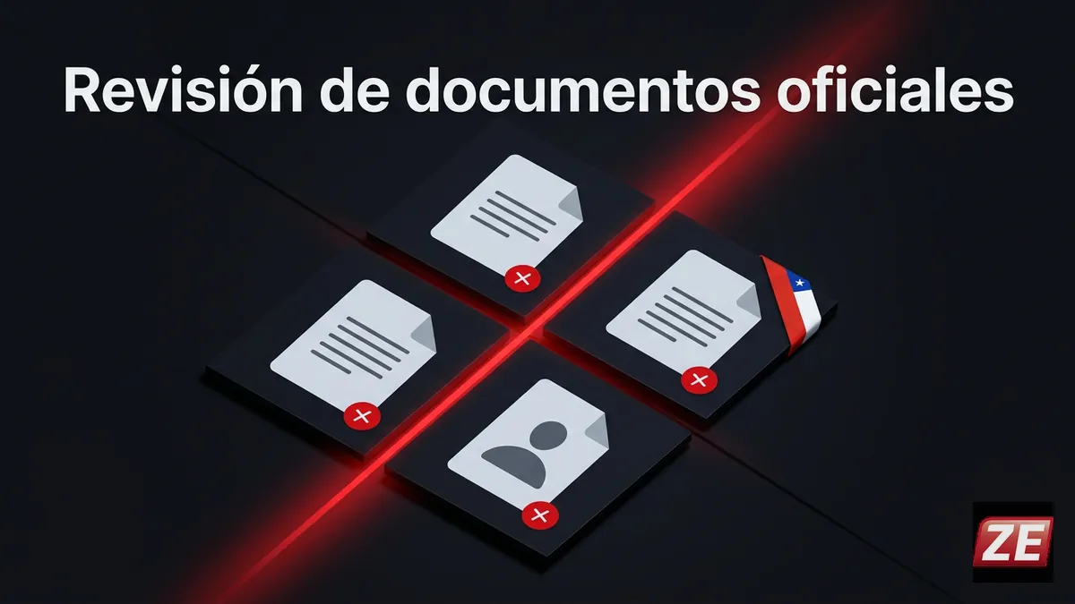 Ilustración de cuatro documentos oficiales de ZEbet revisados sin código de bienvenida, con detalle de la bandera de Chile