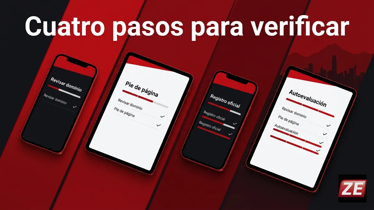 Zebet opiniones: secuencia de pantallas que muestra los cuatro pasos para comprobar la legalidad de la casa de apuestas