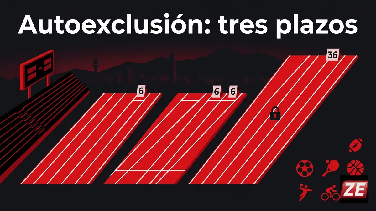 Línea de tiempo con los tres plazos de autoexclusión de cuenta en Zebet en una pista deportiva estilizada roja y negra